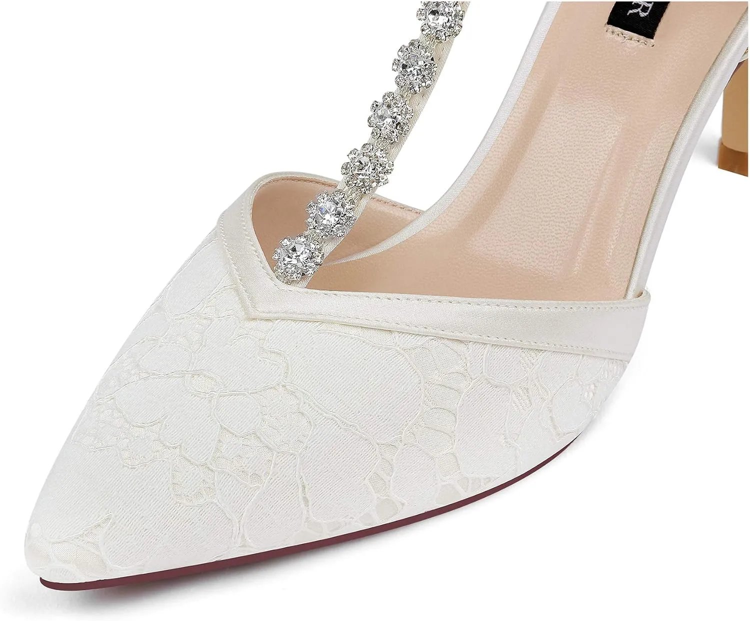 ERIJUNOR Women Lace Bridal Shoes Mid Heel with Rhinestones T-Strap Pointy Toe Satin Wedding Shoes