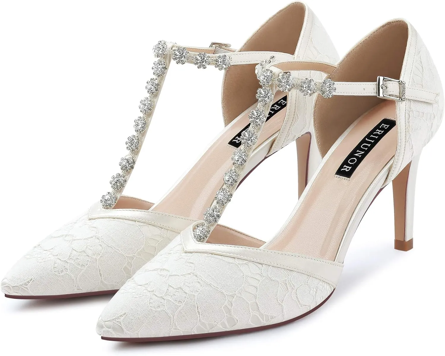ERIJUNOR Women Lace Bridal Shoes Mid Heel with Rhinestones T-Strap Pointy Toe Satin Wedding Shoes