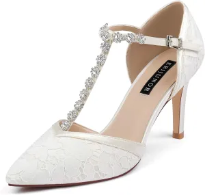 ERIJUNOR Women Lace Bridal Shoes Mid Heel with Rhinestones T-Strap Pointy Toe Satin Wedding Shoes