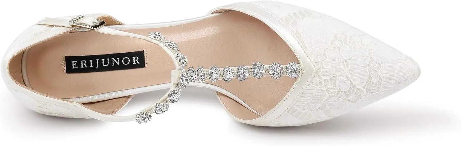 ERIJUNOR Women Lace Bridal Shoes Mid Heel with Rhinestones T-Strap Pointy Toe Satin Wedding Shoes