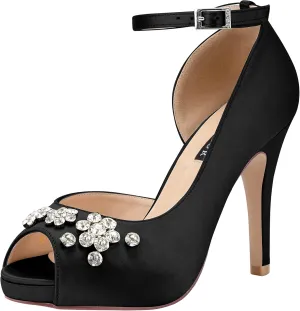 ERIJUNOR Women's Peep Toe Platform High Heel Rhinestones Satin Evening Prom Wedding Shoes