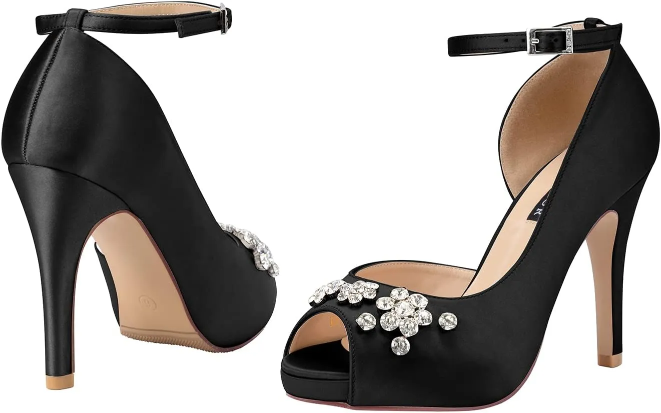 ERIJUNOR Women's Peep Toe Platform High Heel Rhinestones Satin Evening Prom Wedding Shoes