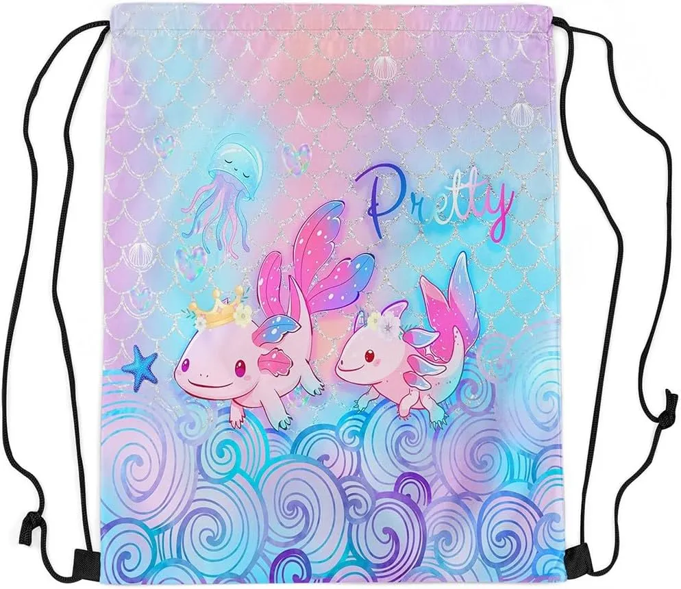 Erosebridal Cute Axolotl Drawstring Backpack Pretty Axolotl Drawstring Bags Blue Pink Sequins Fish Scale Draw String Back Bag Wildlife Animals Reptile String Backpack 13X15.7