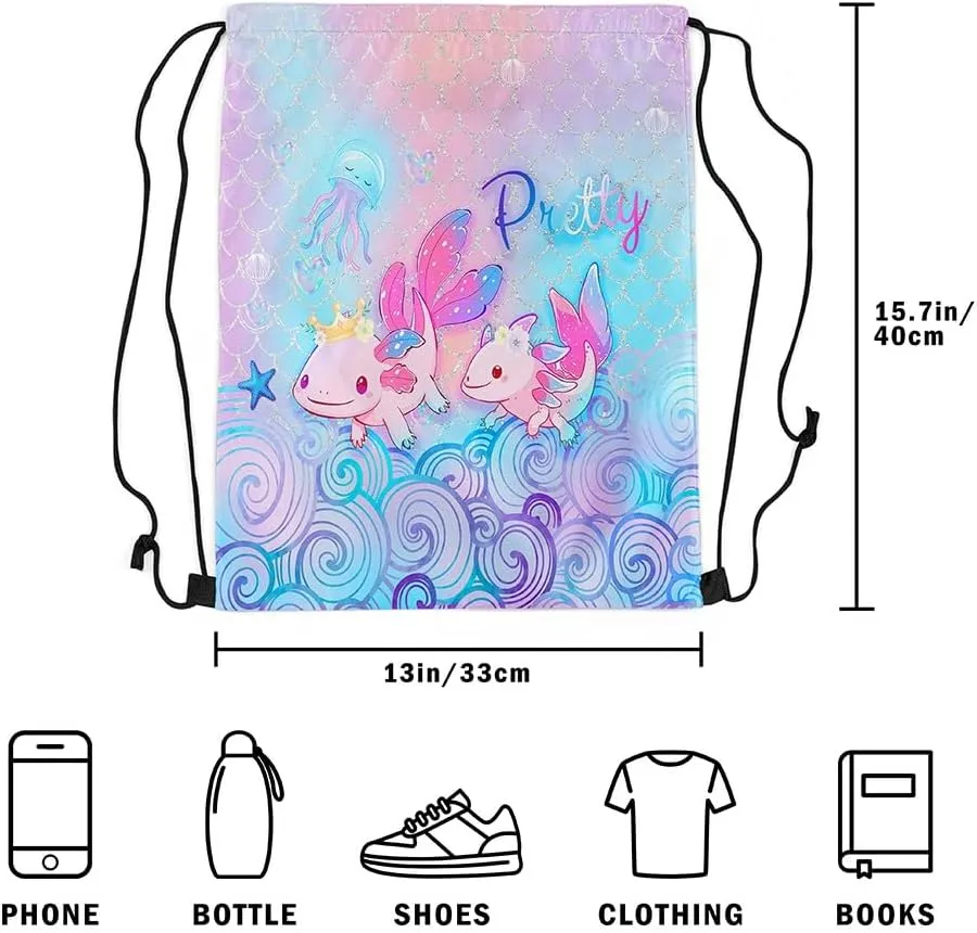 Erosebridal Cute Axolotl Drawstring Backpack Pretty Axolotl Drawstring Bags Blue Pink Sequins Fish Scale Draw String Back Bag Wildlife Animals Reptile String Backpack 13X15.7