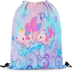 Erosebridal Cute Axolotl Drawstring Backpack Pretty Axolotl Drawstring Bags Blue Pink Sequins Fish Scale Draw String Back Bag Wildlife Animals Reptile String Backpack 13X15.7