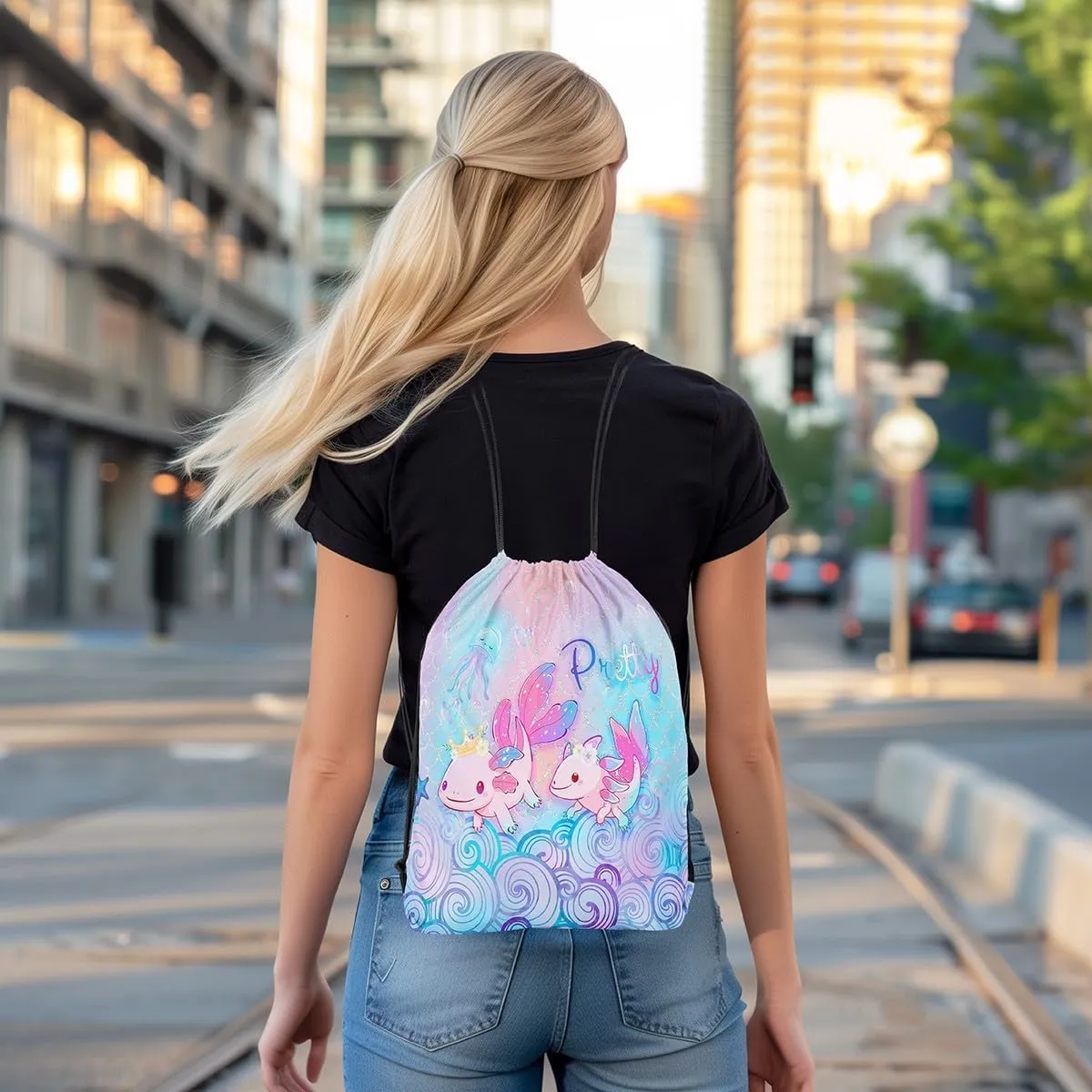 Erosebridal Cute Axolotl Drawstring Backpack Pretty Axolotl Drawstring Bags Blue Pink Sequins Fish Scale Draw String Back Bag Wildlife Animals Reptile String Backpack 13X15.7