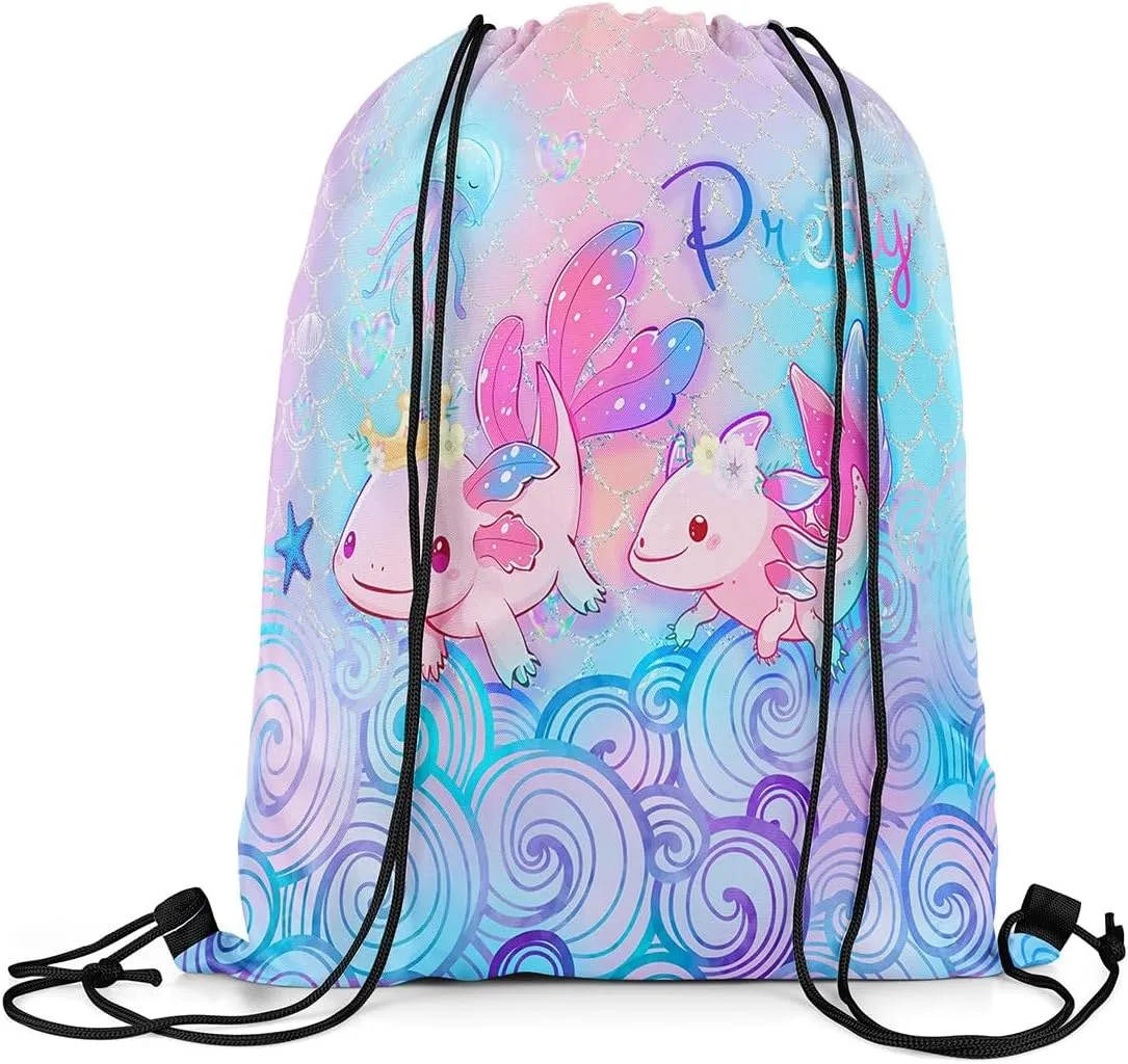 Erosebridal Cute Axolotl Drawstring Backpack Pretty Axolotl Drawstring Bags Blue Pink Sequins Fish Scale Draw String Back Bag Wildlife Animals Reptile String Backpack 13X15.7