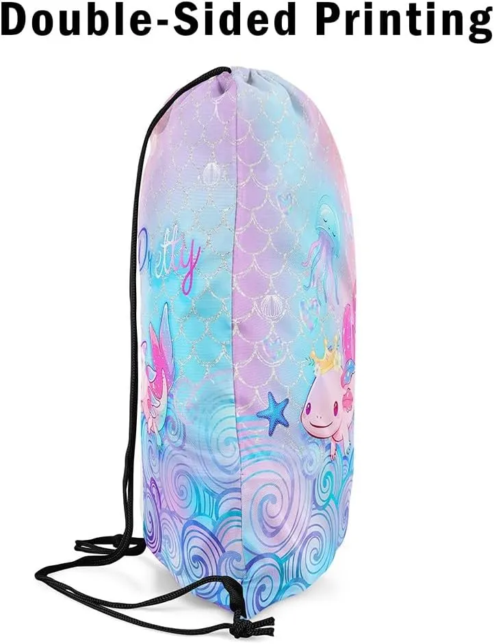 Erosebridal Cute Axolotl Drawstring Backpack Pretty Axolotl Drawstring Bags Blue Pink Sequins Fish Scale Draw String Back Bag Wildlife Animals Reptile String Backpack 13X15.7