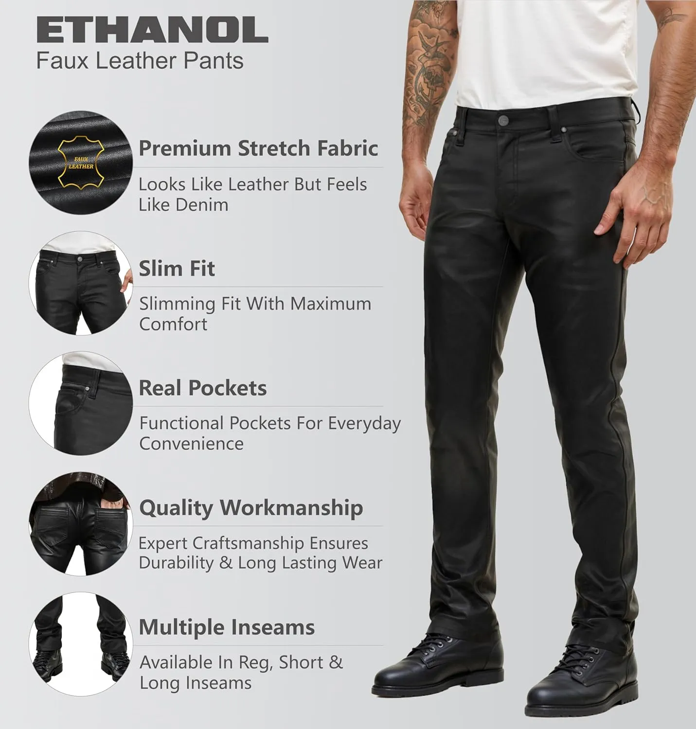 Ethanol Mens Slim Fit Ethanol Stretch Fashion Casual Faux Leather Pants