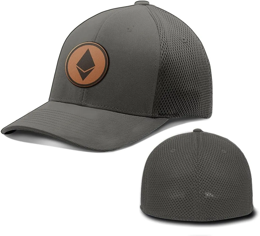 Ethereum Leather Patch Hat Fitted Flexfit Hats Crypto Baseball Cap Ultrafibre Breathable Mesh Side for Casual Wear