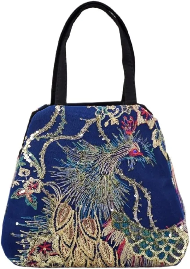 Ethnic Style Embroidered Handbag For Women Large Capacity Double Bag With Peacock Pattern Canvas Design