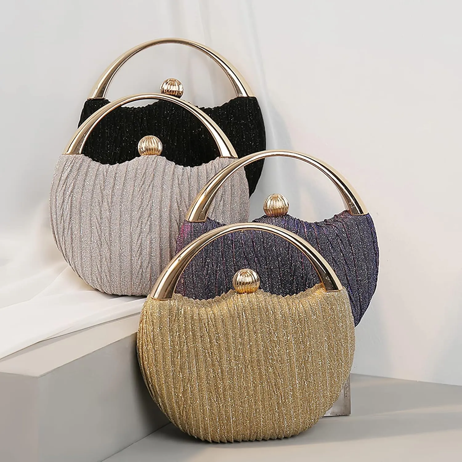 Evening Bag Clutch Purses Pleated Round Hard shell Crossbody Handbag with Chain Strap for Women Wedding Party Formal