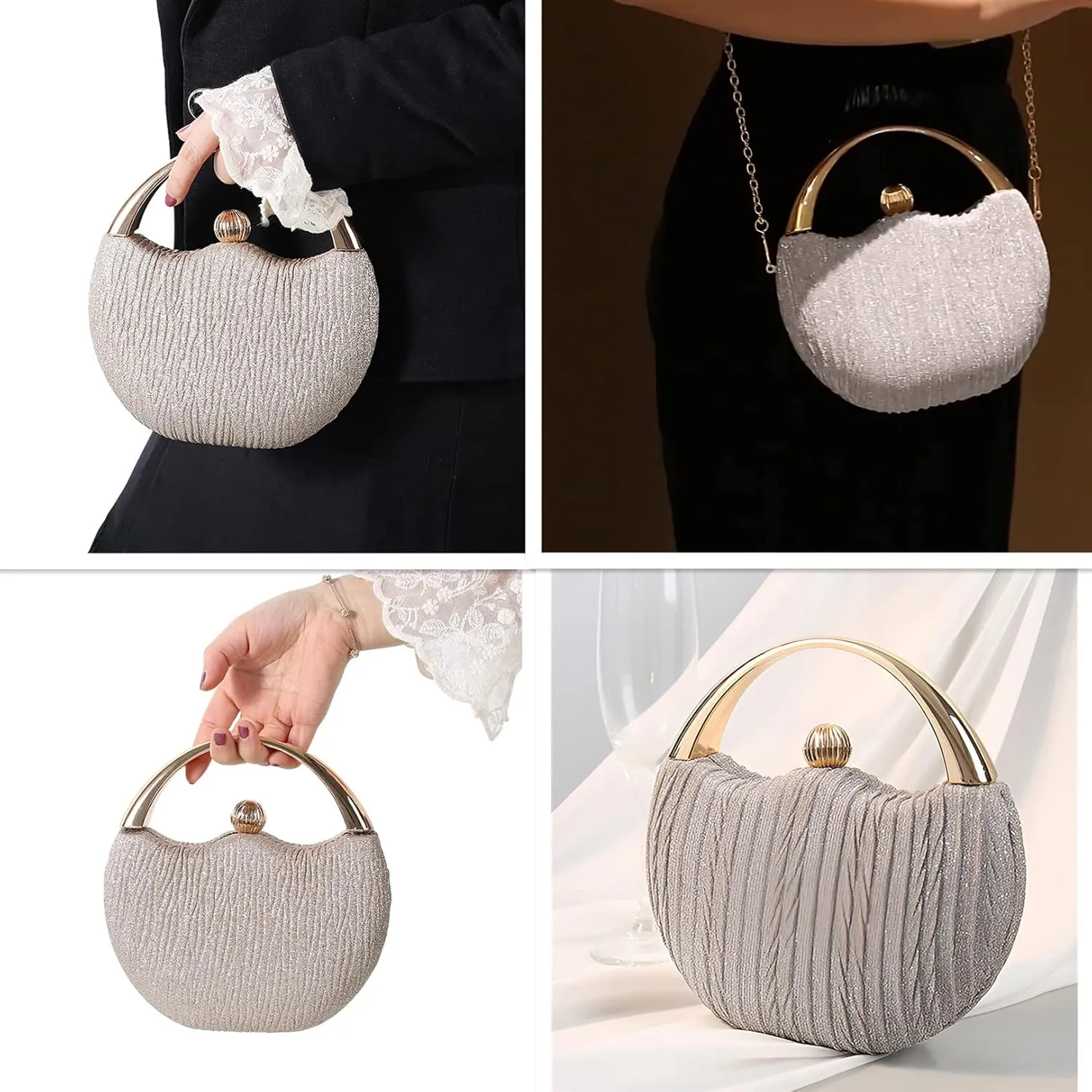Evening Bag Clutch Purses Pleated Round Hard shell Crossbody Handbag with Chain Strap for Women Wedding Party Formal