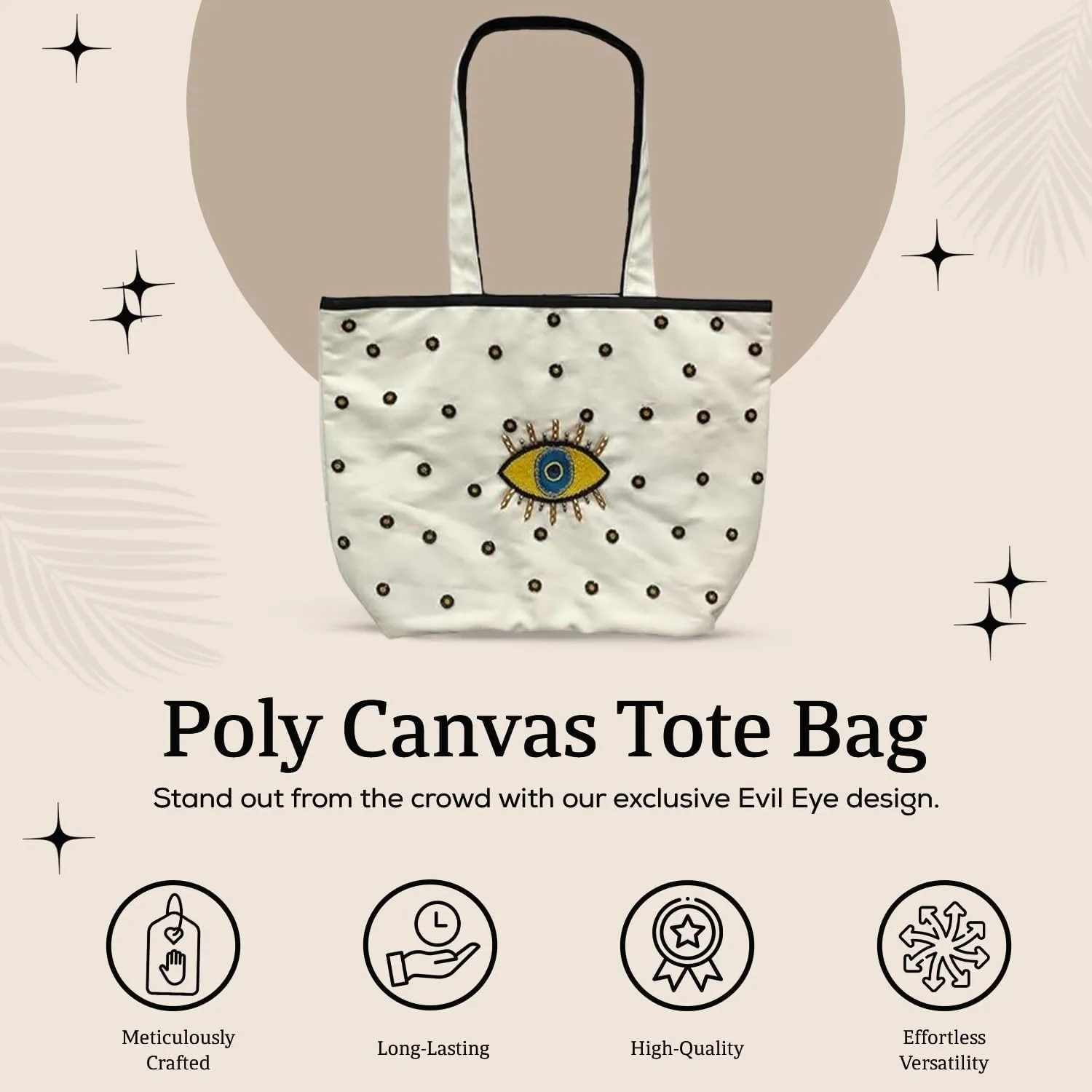 Evil Eye Poly Canvas Tote Bag - Large Shoulder Bag for Women - Beach & Travel bag - Ideal for Grocery & Shopping