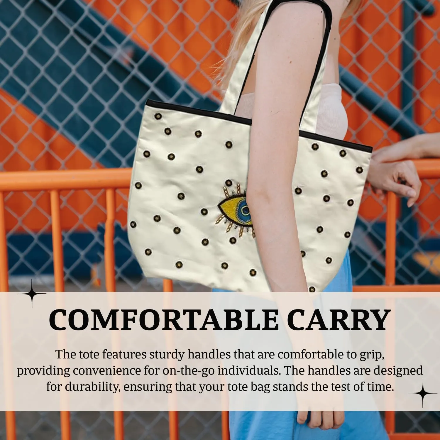 Evil Eye Poly Canvas Tote Bag - Large Shoulder Bag for Women - Beach & Travel bag - Ideal for Grocery & Shopping