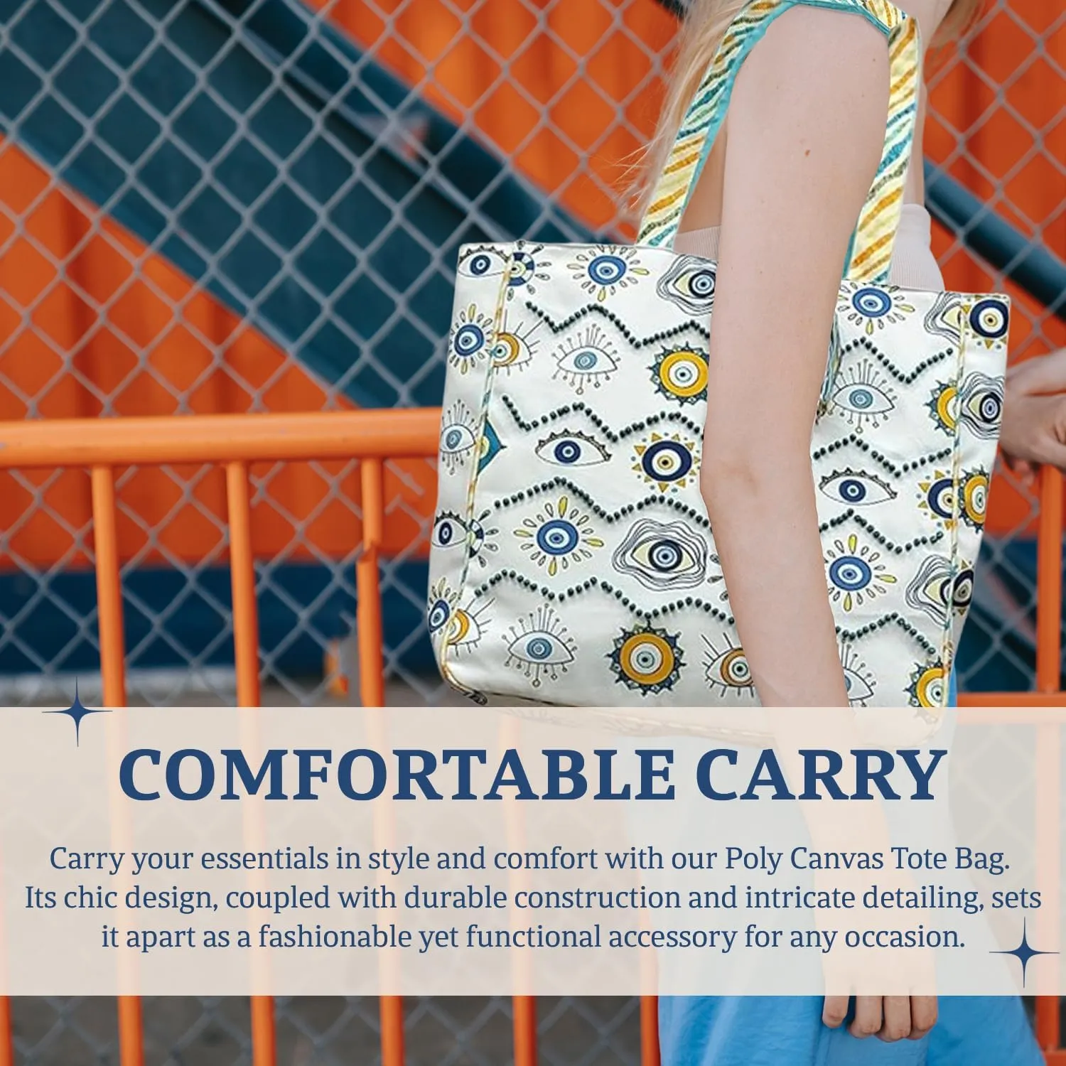 Evil Eye Poly Canvas Tote Bag - Large Shoulder Bag for Women - Beach & Travel bag - Ideal for Grocery & Shopping