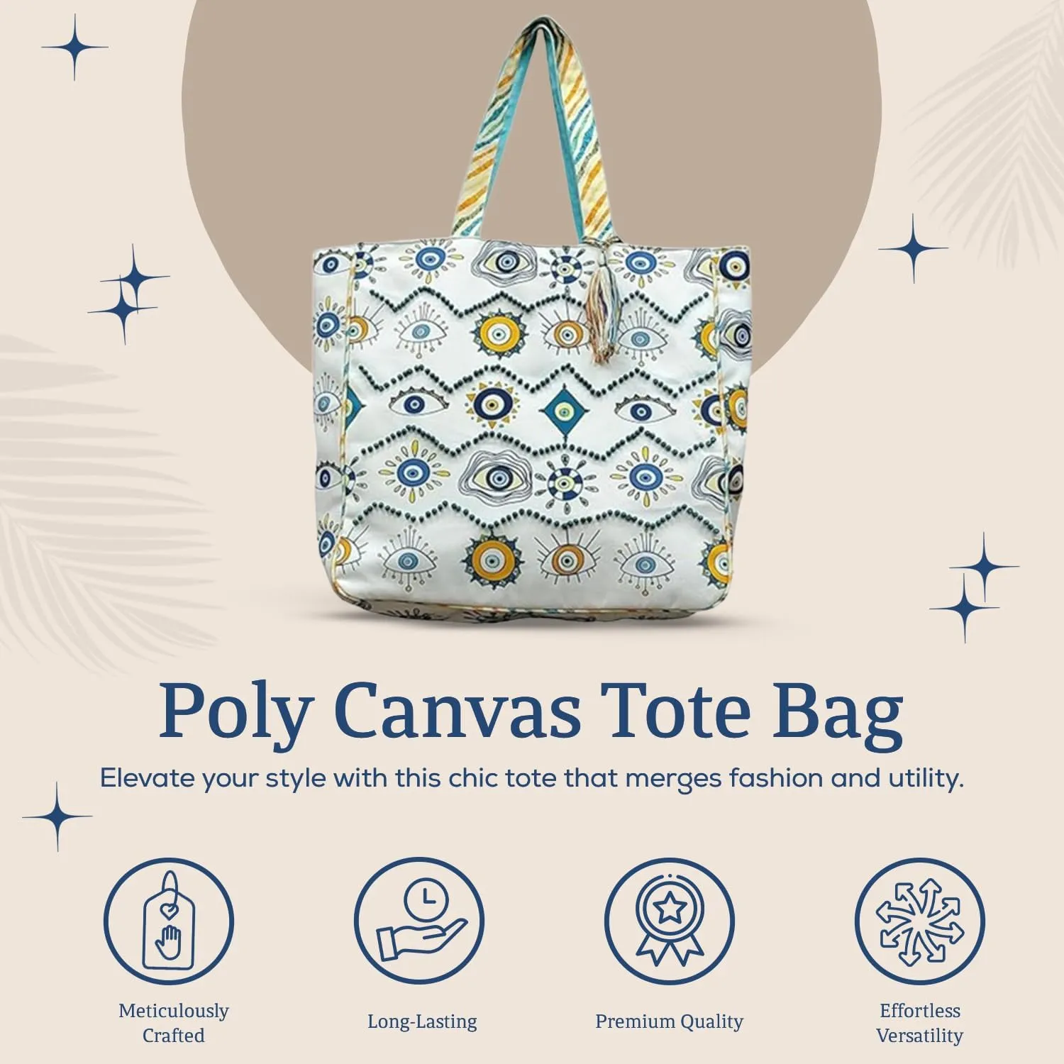 Evil Eye Poly Canvas Tote Bag - Large Shoulder Bag for Women - Beach & Travel bag - Ideal for Grocery & Shopping