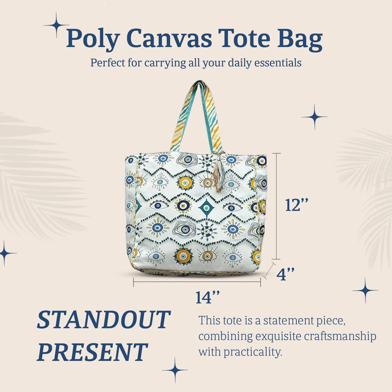Evil Eye Poly Canvas Tote Bag - Large Shoulder Bag for Women - Beach & Travel bag - Ideal for Grocery & Shopping