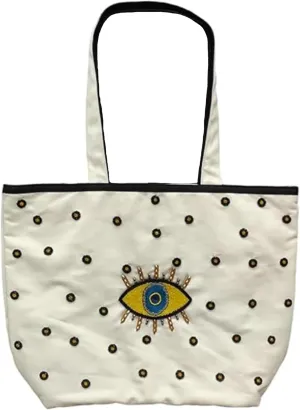 Evil Eye Poly Canvas Tote Bag - Large Shoulder Bag for Women - Beach & Travel bag - Ideal for Grocery & Shopping