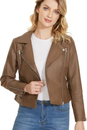 Fahsyee Faux Leather Jacket for Women, Vegan Jackets Moto Biker Motocycle Coat