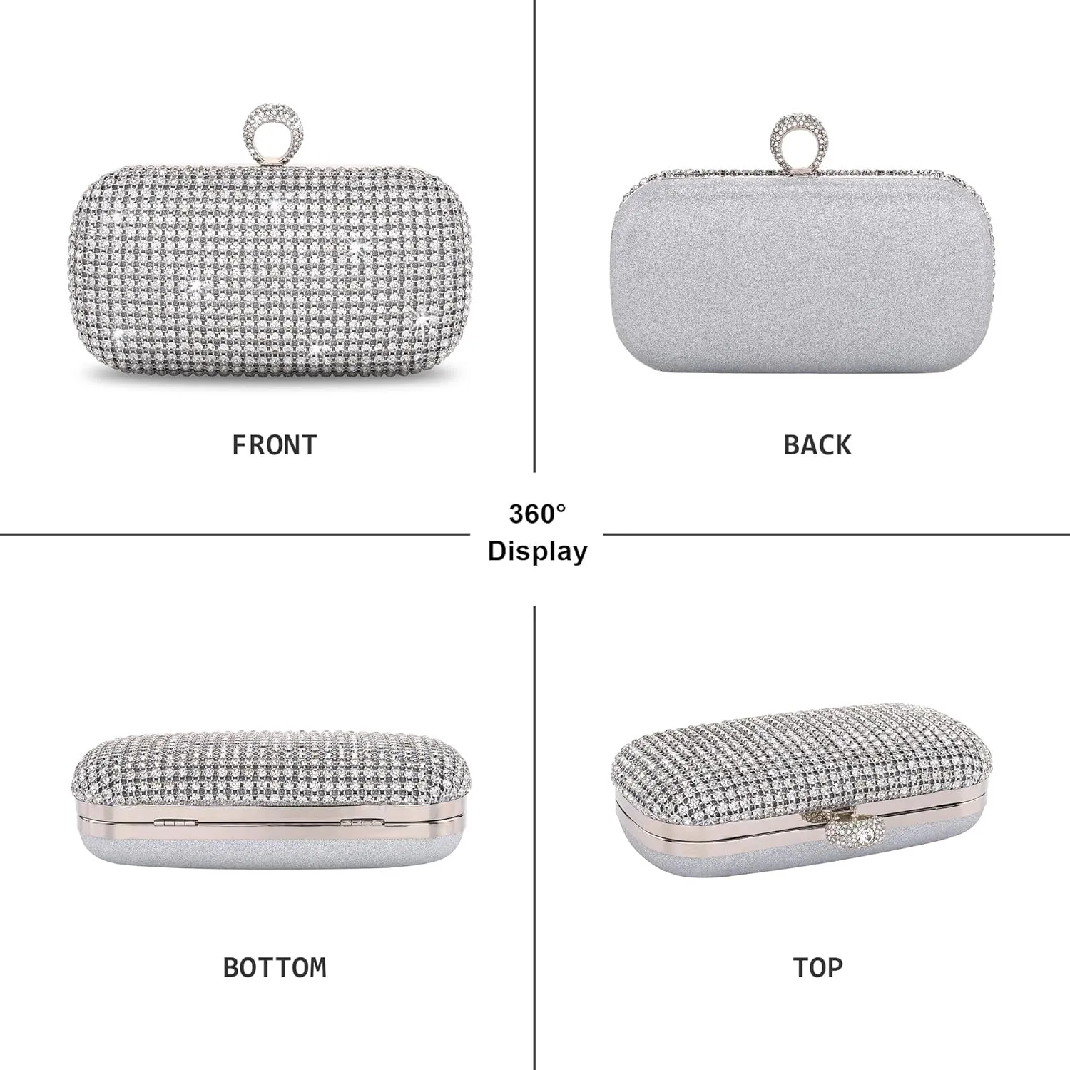 FALETO Women Rhinestone Evening Clutch Purse Sparkly Glitter Purse Bag for Bridal Wedding Party Crystal Ring Clasp Handbag