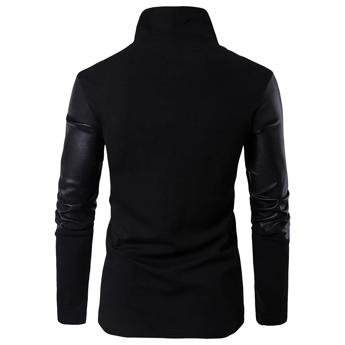Fall and Winter Black Leather Patchwork Turtleneck Jacket