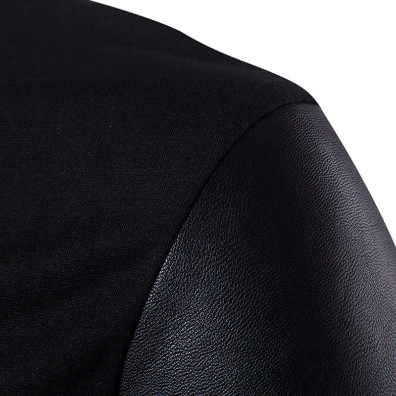 Fall and Winter Black Leather Patchwork Turtleneck Jacket