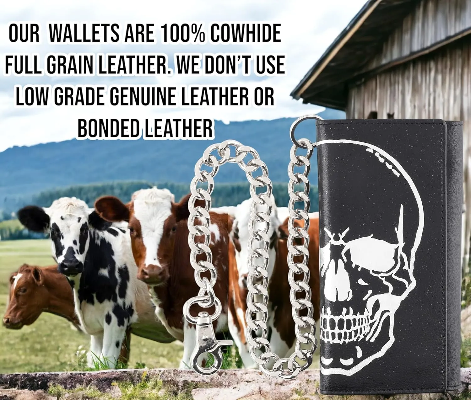 F&L CLASSIC RFID Blocking Mens Tri-fold Long Style Leather Steel Chain Wallet,black skull,212-50