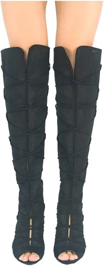 Fashion Knee High Perforated Women Boots Faux Leather