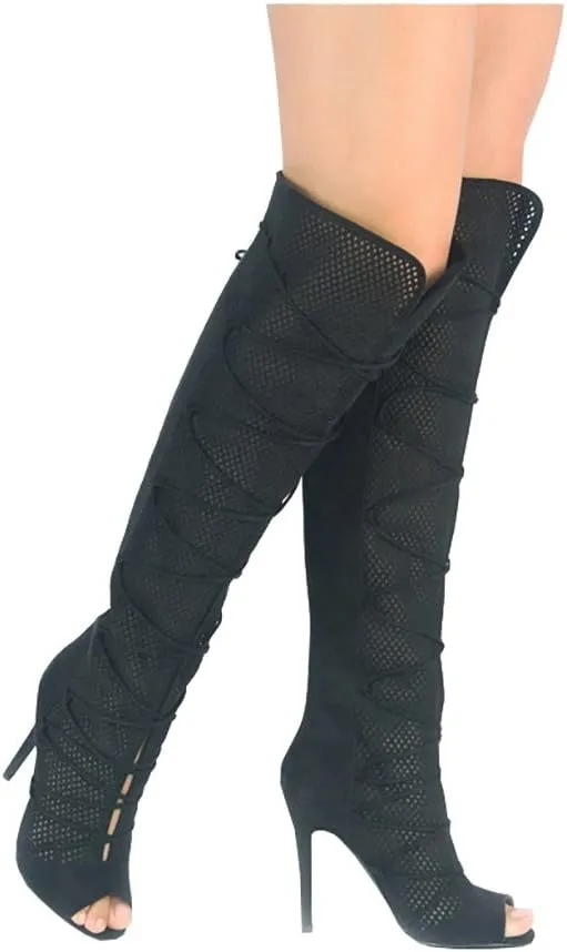 Fashion Knee High Perforated Women Boots Faux Leather