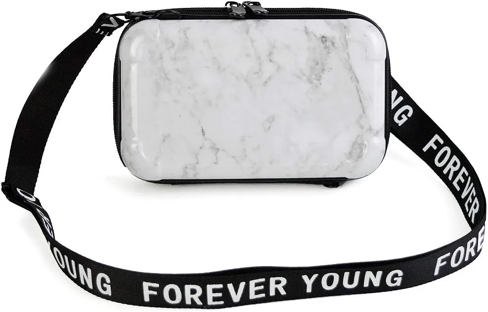 Fashion Portable Mini Hard Case Wristlet Crossbody Handbag for Women Storage Box Travel Bag Makeup Cosmetic Case (White Marble)