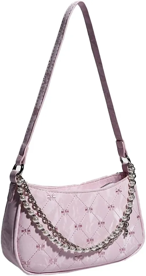 Fashion Shoulder Crossbody Bag for Women Vegan Leather Tote Bag Y2k Small Handbags Top Handle Purse Pearl Satchel