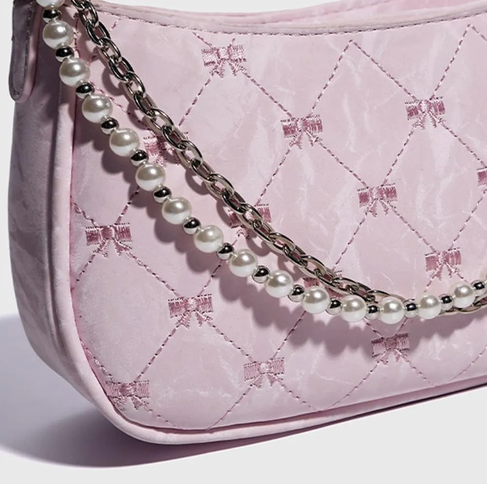 Fashion Shoulder Crossbody Bag for Women Vegan Leather Tote Bag Y2k Small Handbags Top Handle Purse Pearl Satchel