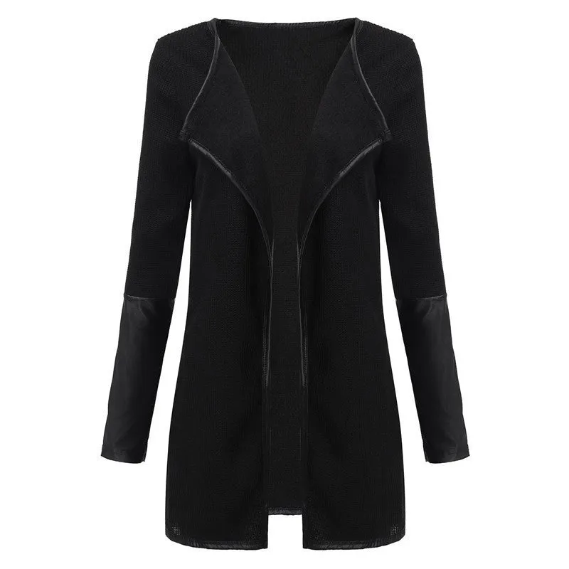 Fashion Women Leather Long Sleeve Patchwork Cardigan Outerwear Slim Lapel Poncho Jacket Coat Black White Tops
