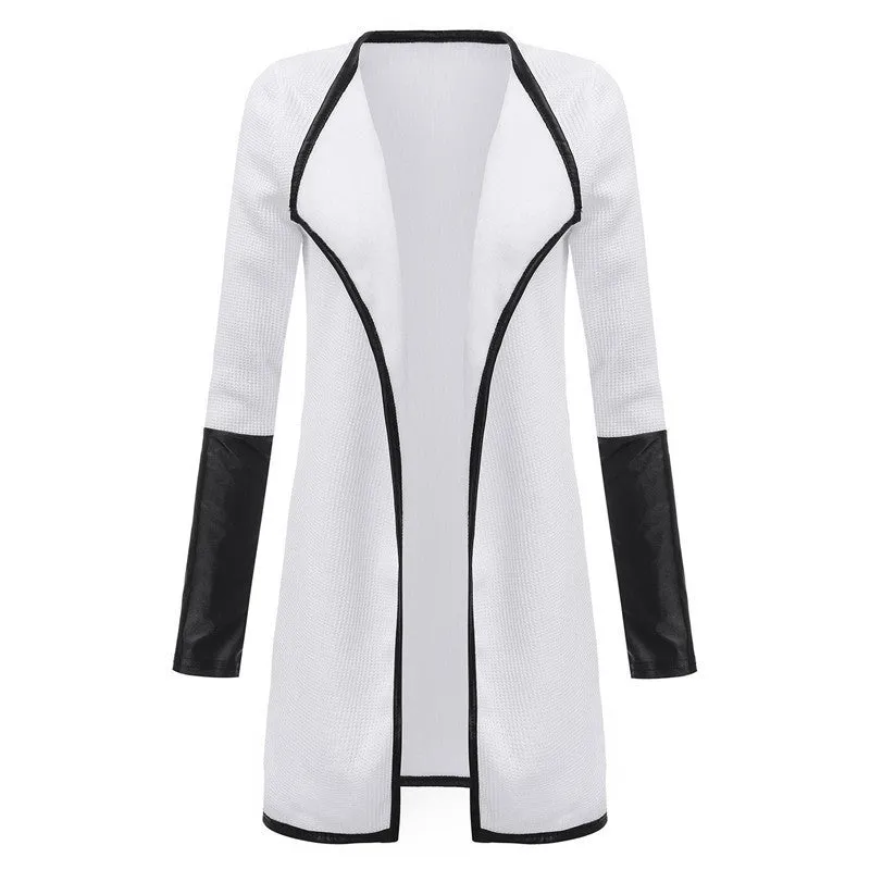 Fashion Women Leather Long Sleeve Patchwork Cardigan Outerwear Slim Lapel Poncho Jacket Coat Black White Tops