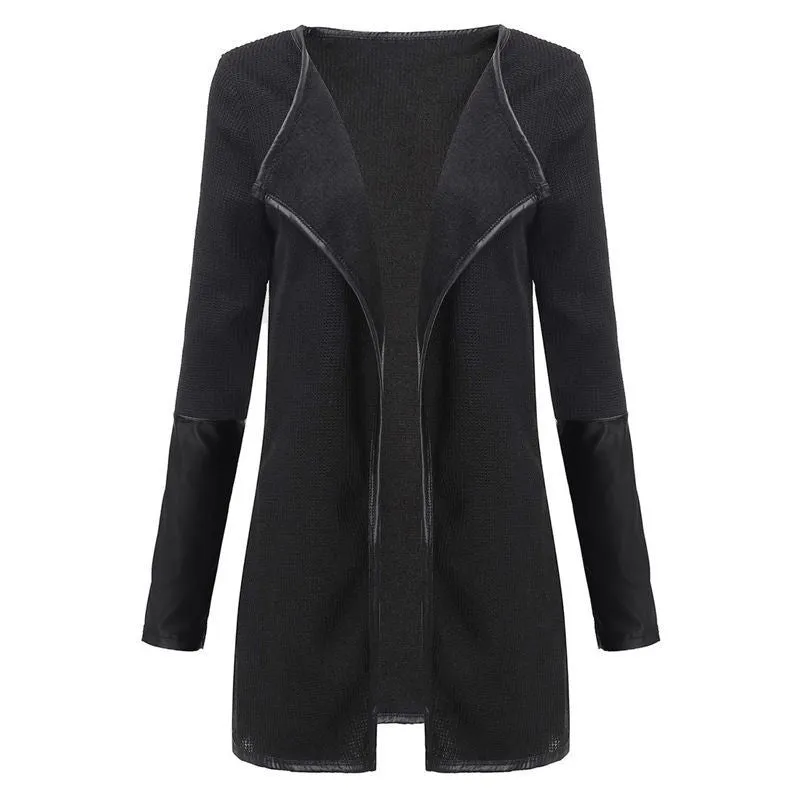 Fashion Women Leather Long Sleeve Patchwork Cardigan Outerwear Slim Lapel Poncho Jacket Coat Black White Tops