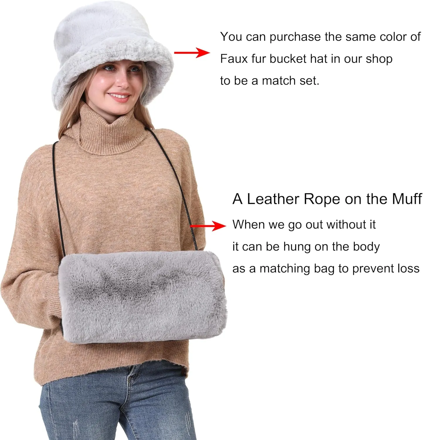 Faux Fur Hand Muffs for Women Winter Warm Arm and Hand Warmer with PU Leather Strap Include Pockets