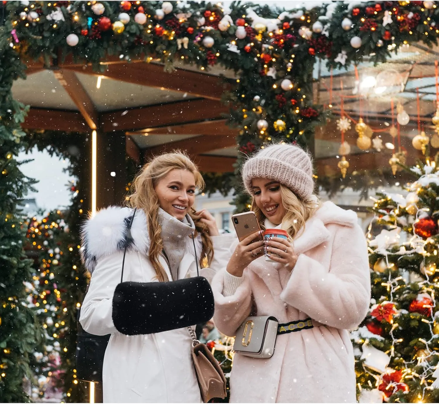 Faux Fur Hand Muffs for Women Winter Warm Arm and Hand Warmer with PU Leather Strap Include Pockets