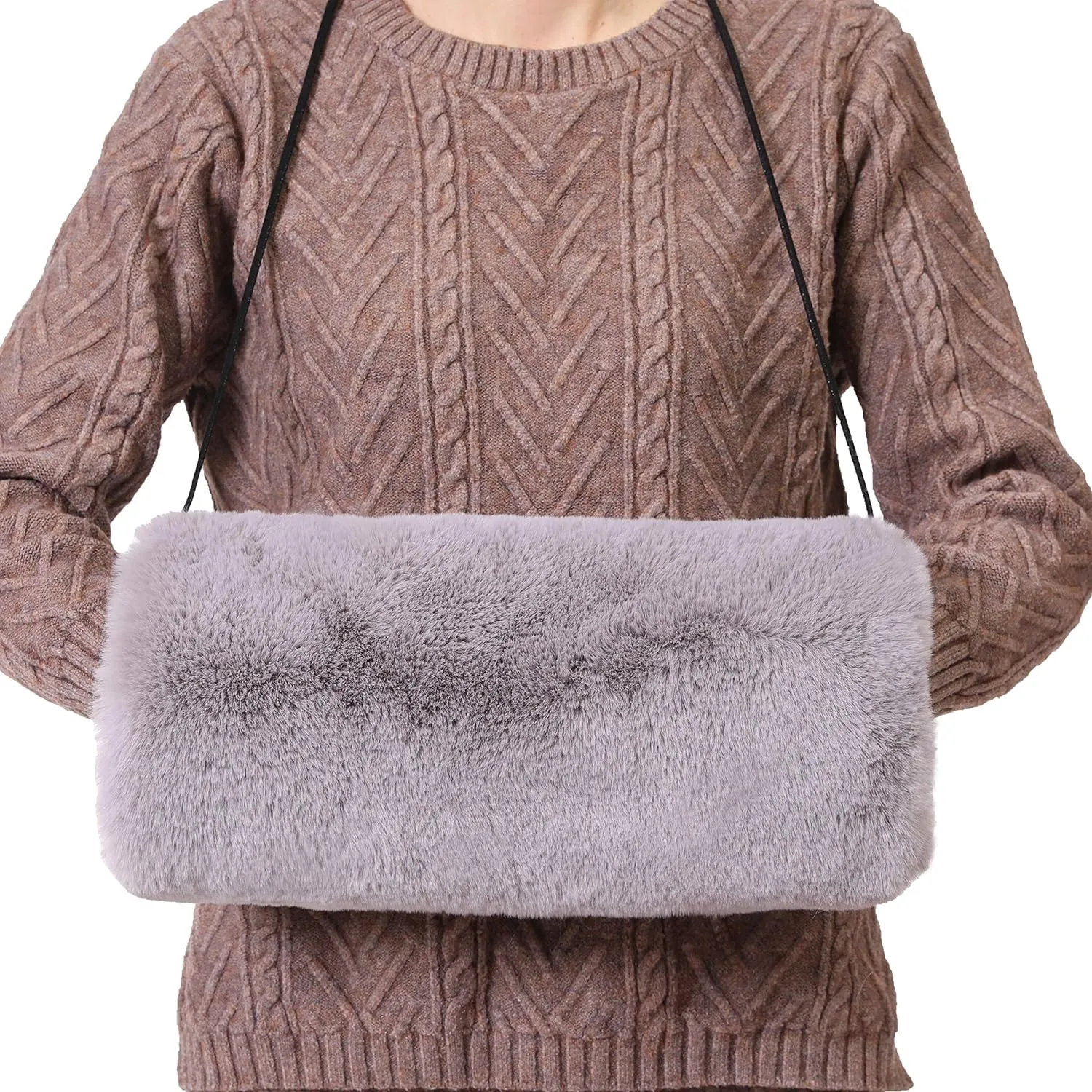 Faux Fur Hand Muffs for Women Winter Warm Arm and Hand Warmer with PU Leather Strap Include Pockets