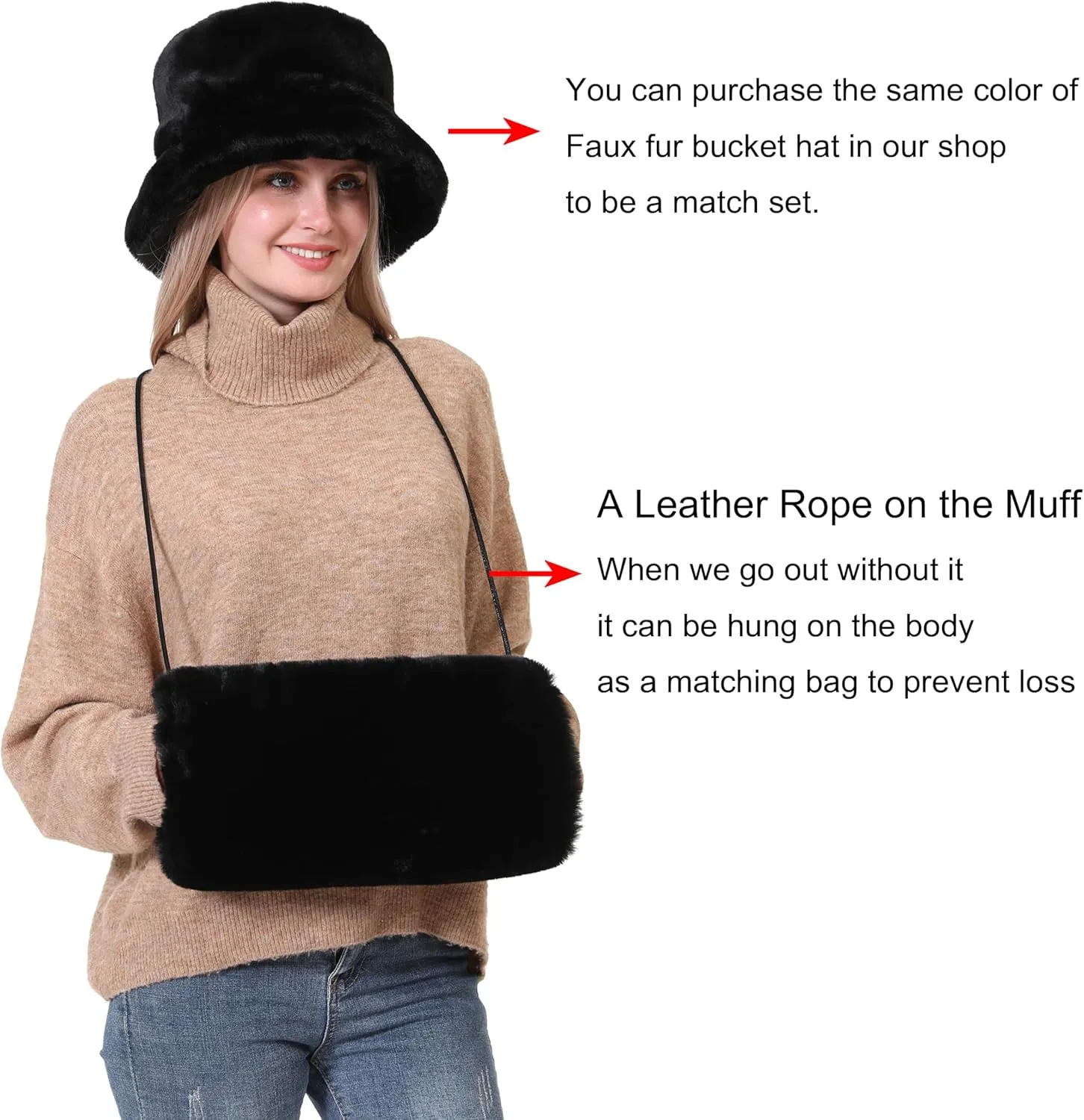 Faux Fur Hand Muffs for Women Winter Warm Arm and Hand Warmer with PU Leather Strap Include Pockets
