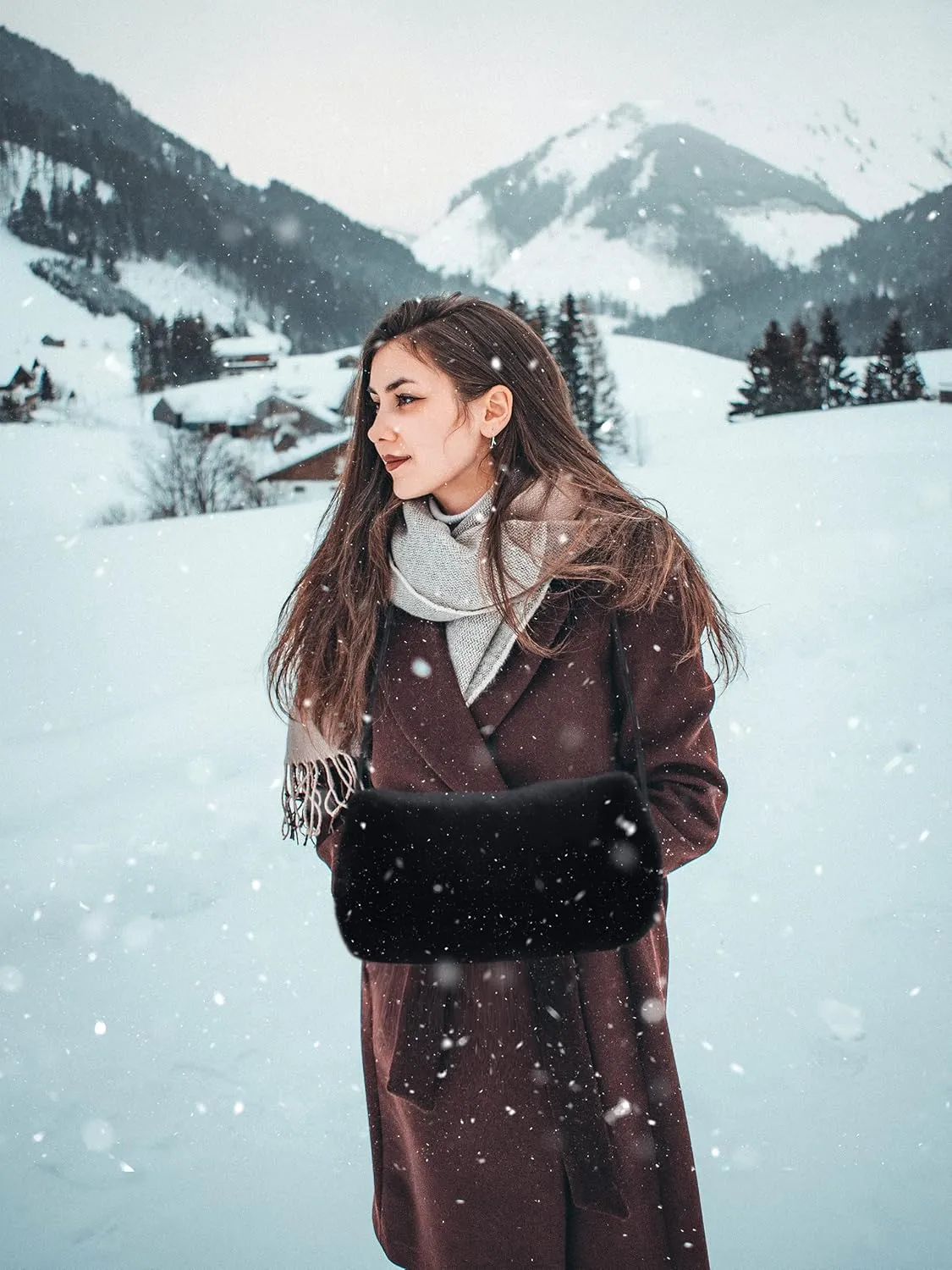 Faux Fur Hand Muffs for Women Winter Warm Arm and Hand Warmer with PU Leather Strap Include Pockets