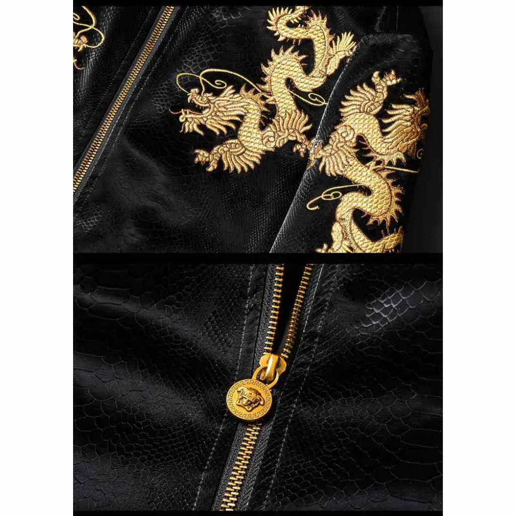 Faux Leather Embroidered Baseball Jacket