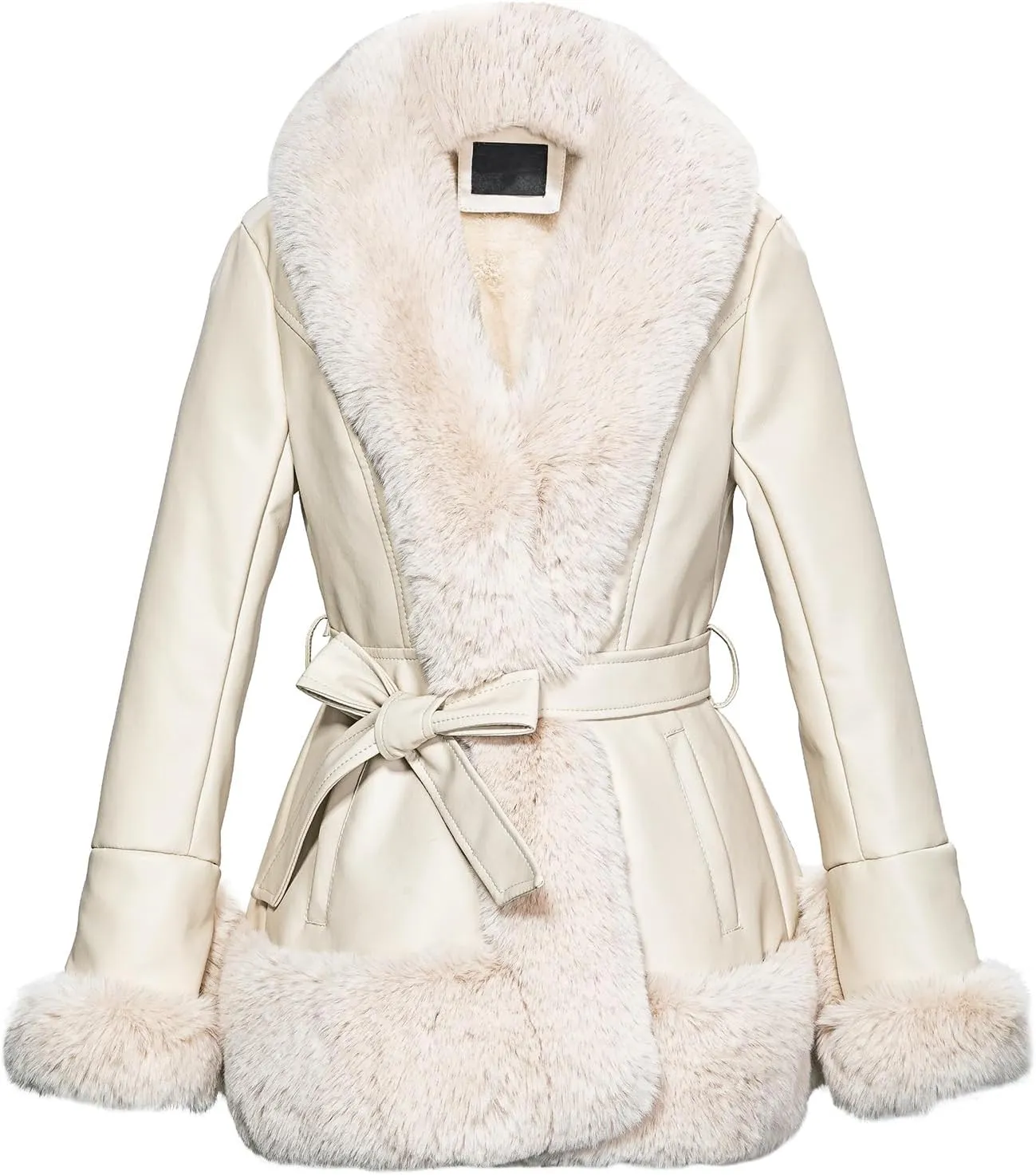 Faux Leather Jacket for Women with Faux Fur Collar Long Sleeve Parka with Pockets Warm Winter Coat with Belt