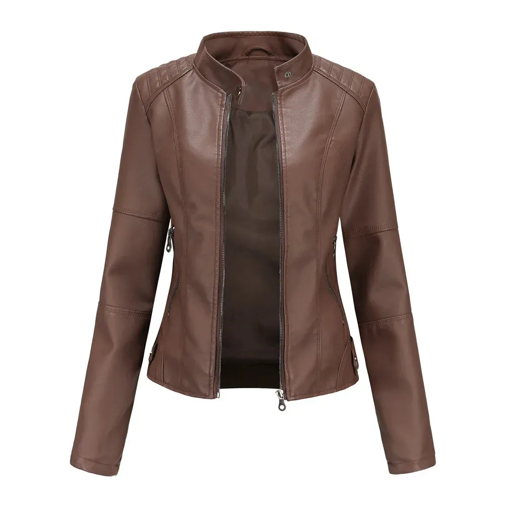 Faux Leather Jacket Women 2024 Autumn Spring Women's Moto Biker Zipper Jacket Red Black Coat New Outerwear Brown Purple Blue 4xl