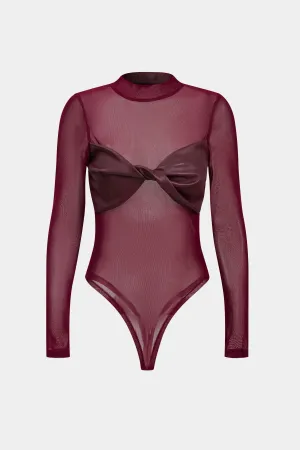 Faux Leather Mesh Patchwork Twist Knot Bodysuit