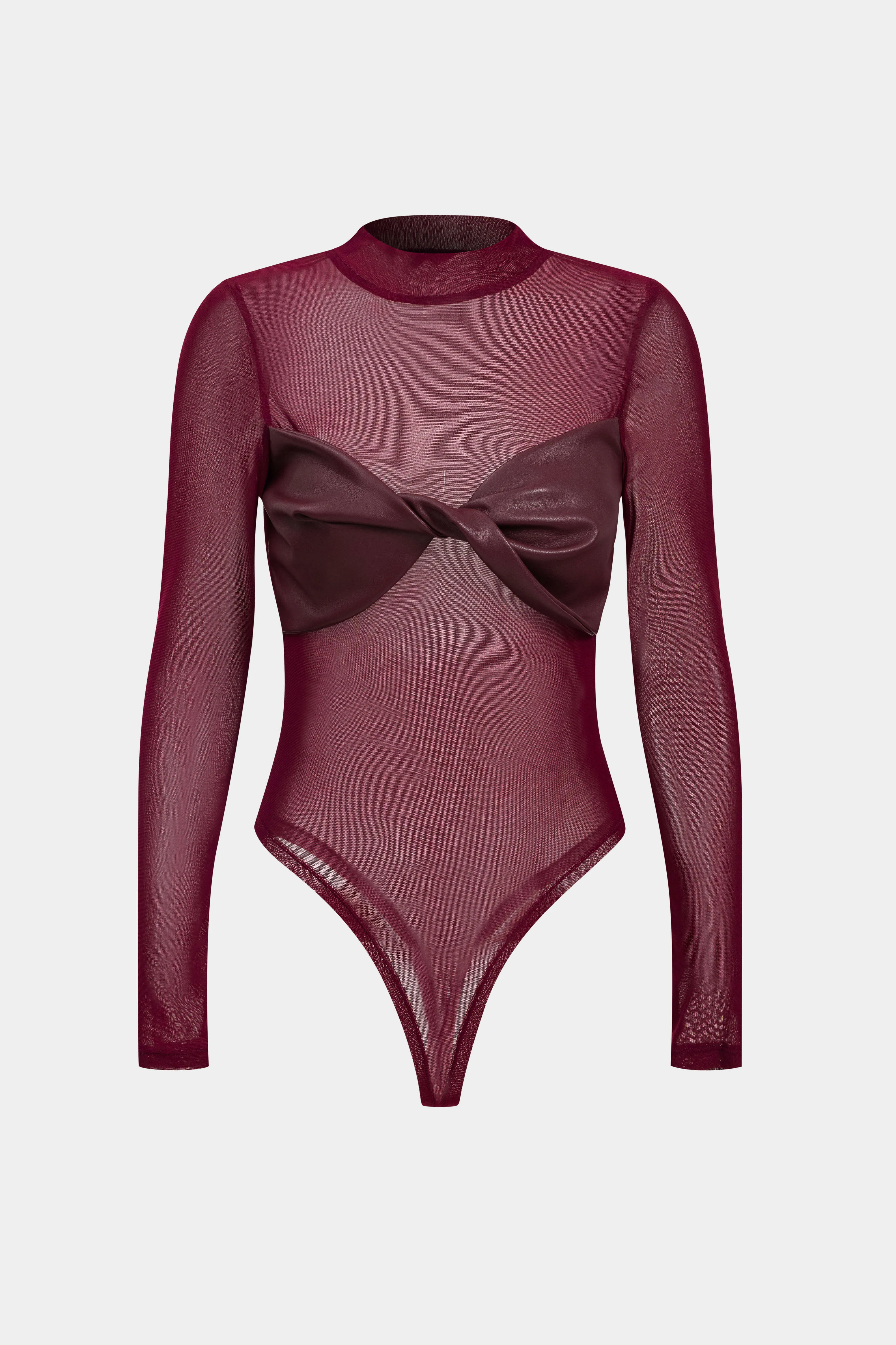 Faux Leather Mesh Patchwork Twist Knot Bodysuit
