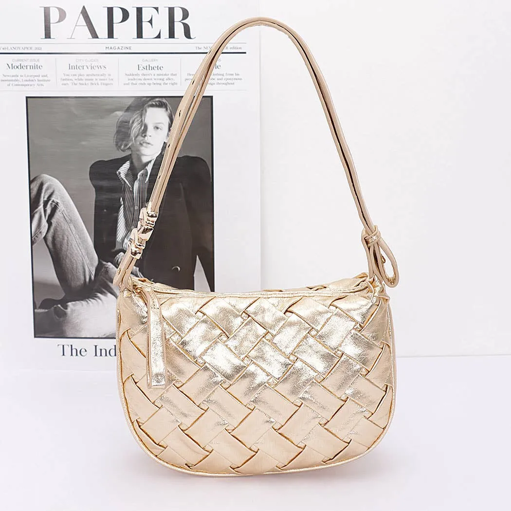 Faux Metallic Leather Braided Embossed Shoulder Bag
