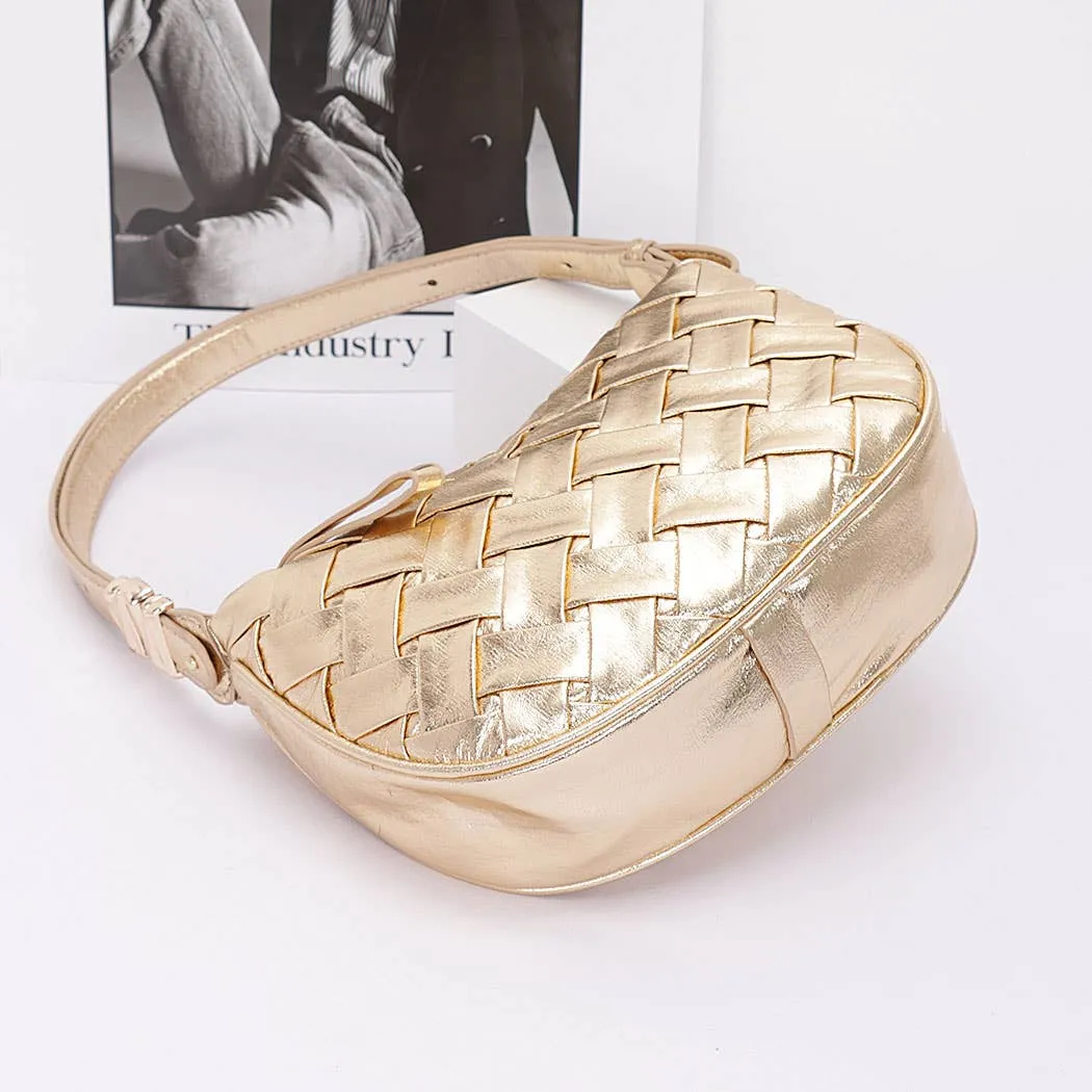 Faux Metallic Leather Braided Embossed Shoulder Bag