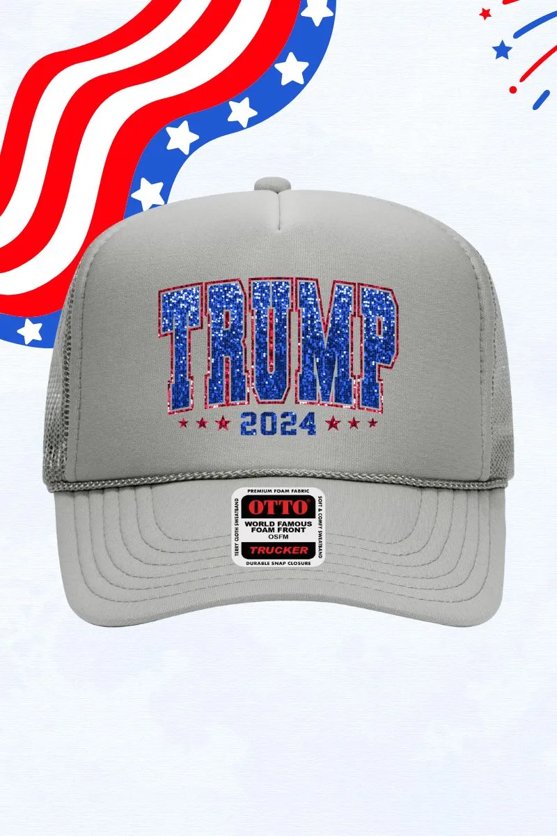 Faux Sequin Trump 2024 Transfer Otto Gray Foam Front Trucker Hat