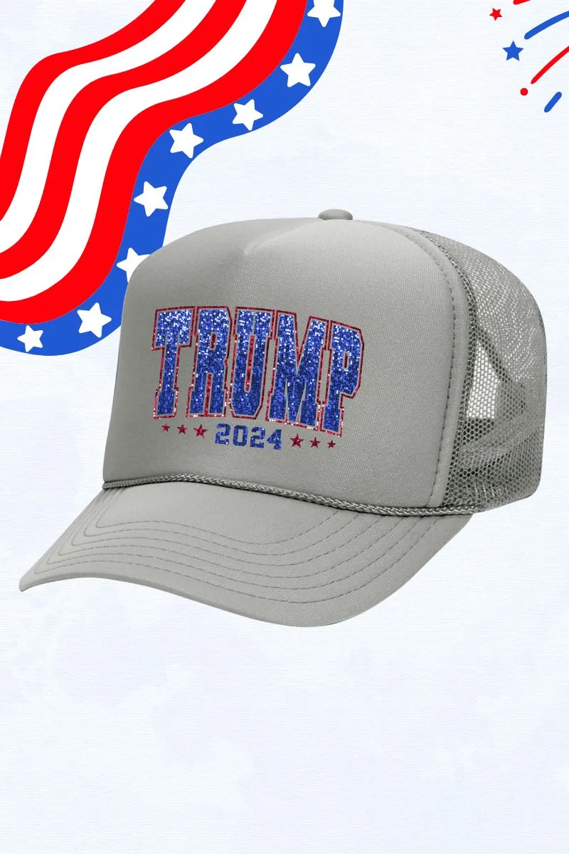 Faux Sequin Trump 2024 Transfer Otto Gray Foam Front Trucker Hat